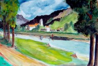 Au bord de la rivière / Aquarelle / 70 x 50