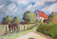 L'entrée du village / Aquarelle / 70 x 50