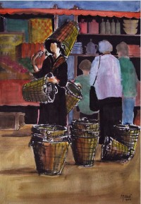 Le marchand de paniers / Aquarelle / 50 x 70