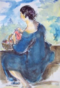 Jeune femme au panier / Aquarelle / 50 x 70