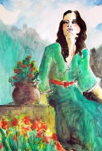 Jeune femme en robe verte / Aquarelle / 50 x 70