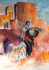Jeune bergère et ses chèvres / Aquarelle / 50 x 70