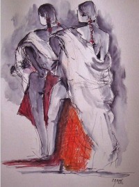 Soeurs modèles / Encre et aquarelle / 50 x 70