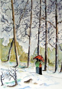 Promenade hivernale / Aquarelle et encre / 50 x  70