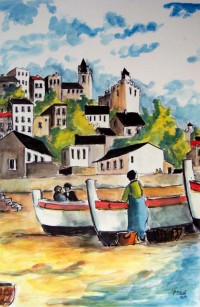 Les barques sur la plage / Aquarelle / 50 x 70