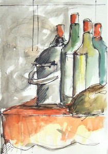 Nature morte aux bouteilles / Aquarelle / 50 x 70