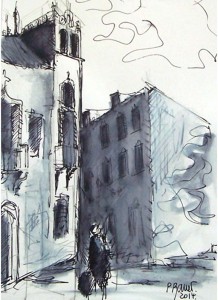 Sur la place du village / Encre / 50 x 70