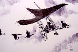 Vol en concertation / Encre / 70 x 50