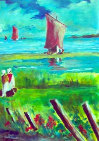 L'arrivée du bateau de pèche / Acrylique / 50 x 70