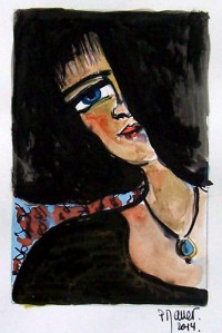 Portrait et perle bleue / Encre et aquarelle / 20 x 30