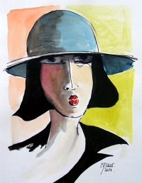Portrait au chapeau bleu 2 / Encre et aquarelle / 20 x 30