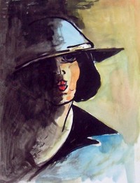 Portrait au chapeau bleu / Encre et aquarelle / 20 x 30