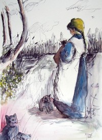 Jeune fille aux chats / Encre et aquarelle / 50 x 70