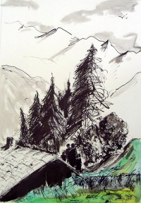 Paysage montagnard / Encre et aquarelle / 65 x 50