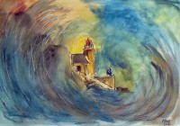 Tempête sur le phare / Aquarelle et gouache / 50 x 65