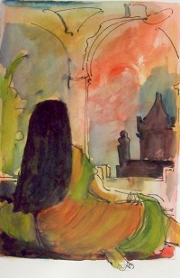 Au palais / Aquarelle ete encre / 40 x 30