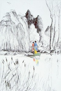 Le chien et la barque / Encre et aquarelle / 65 x 50