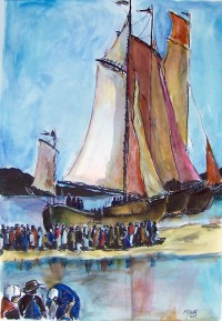 L arrivée de la peche / Gouache / 65 x 50