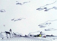 Sur le chemin des meules / Encre et aquarelle / 30 x 40