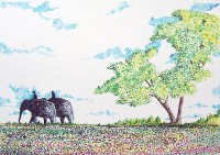 Elephants en promenade / Pointillé aux feutres / 70 x 50