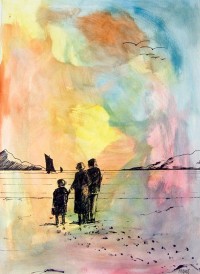 Marine en famille / Aquarelle et encre / 50 x 70