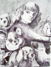 Jeune fille aux peluches / Encre / 50 x 70