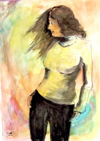 Jeune femme au pull jaune / Encre et aquarelle / 50 x 70