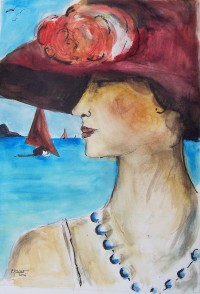 Femme au chapeau rouge / Aquarelle / 50 x 70