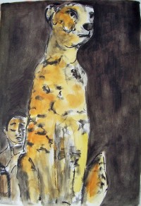 Le léopard et l'enfant / Aquarelle et encre / 50 x 70