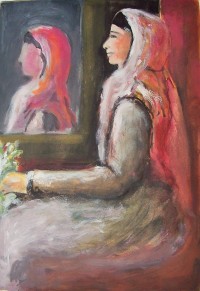 Femme assise à la cape rouge / Aquarelle / 50 x 70