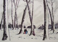 Promenade hivernale / Encre et aquarelle / 70 x 50