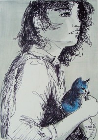 Jeune fille au chat bleu / Encre et aquarelle / 30 x 40