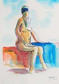 Nu assis au bandeau bleu / Aquarelle / 30 x 40