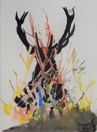 Le cerf caché / Encre et aquarelle / 30 x 40