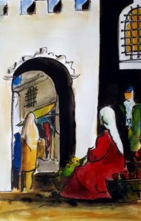 Le porche du souk / Encre et aquarelle / 50 x 70 
