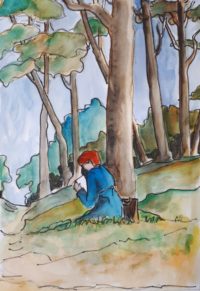 Lecture dans les bois / Encre et aquarelle / 50 x 70 