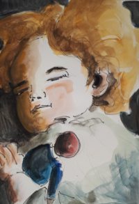 Endormie et sa poupée / Encre et aquarelle / 50 x 70 