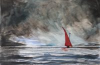 Eclaircie au voilier rouge / Encre et aquarelle / 70 x 50