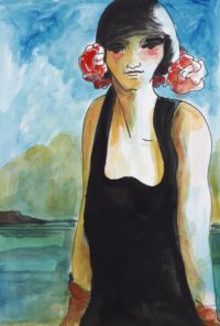 Femme à la chevelure fleurie / Encre et aquarelle / 50 x 70 