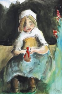 Fillette et sa poupée / Encre et aquarelle / 50 x 70 
