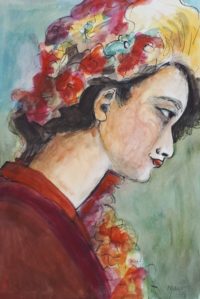 Femme à la coiffe fleurie / Encre et aquarelle / 50 x 70 