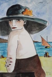 Estivante au chapeau noir / Aquarelle / 50 x 70 