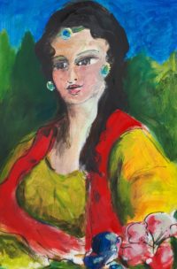Femme à l'étole rouge / Aquarelle et acrylique / 50 x 70 