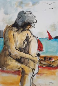 Modèle à la plage / Aquarelle et encre / 50 x 70 