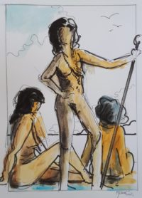 Trio en pose / Aquarelle et encre / 30 x 40 