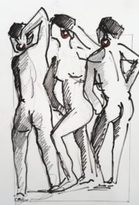 Trio en pose / Encre / 30 x 40 