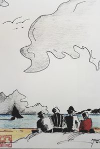 Groupe à la plage / Encre et aquarelle / 30 x 40 