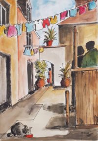 Ruelle au linge / Aquarelle et encre / 50 x 70 