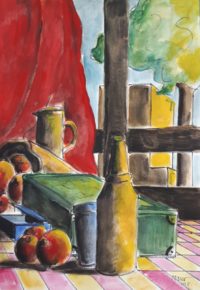 Nature morte et sa boite verte / Aquarelle et encre / 50 x 70 