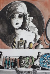 Sur la coiffeuse / Encre et aquarelle / 50 x 70 